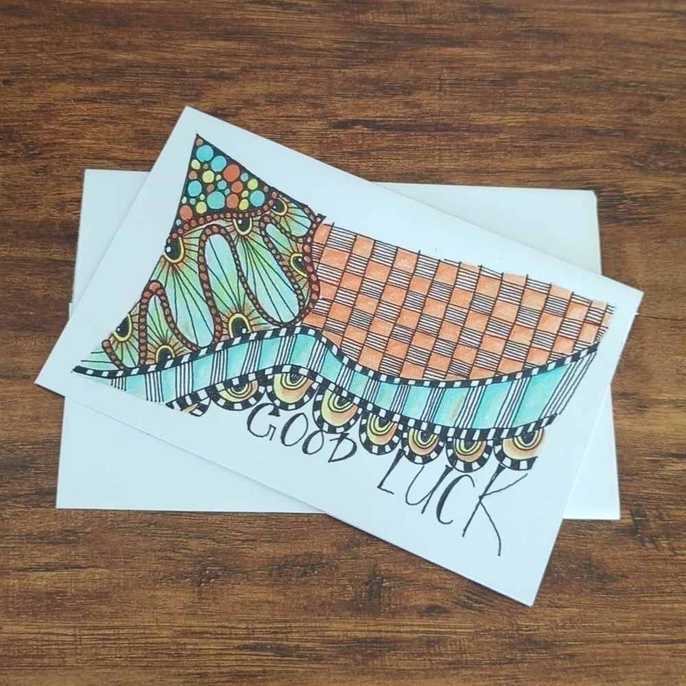 🌻5/$20 Handmade Good Luck Checkered Zentangle Card- Blue, Orange & Black